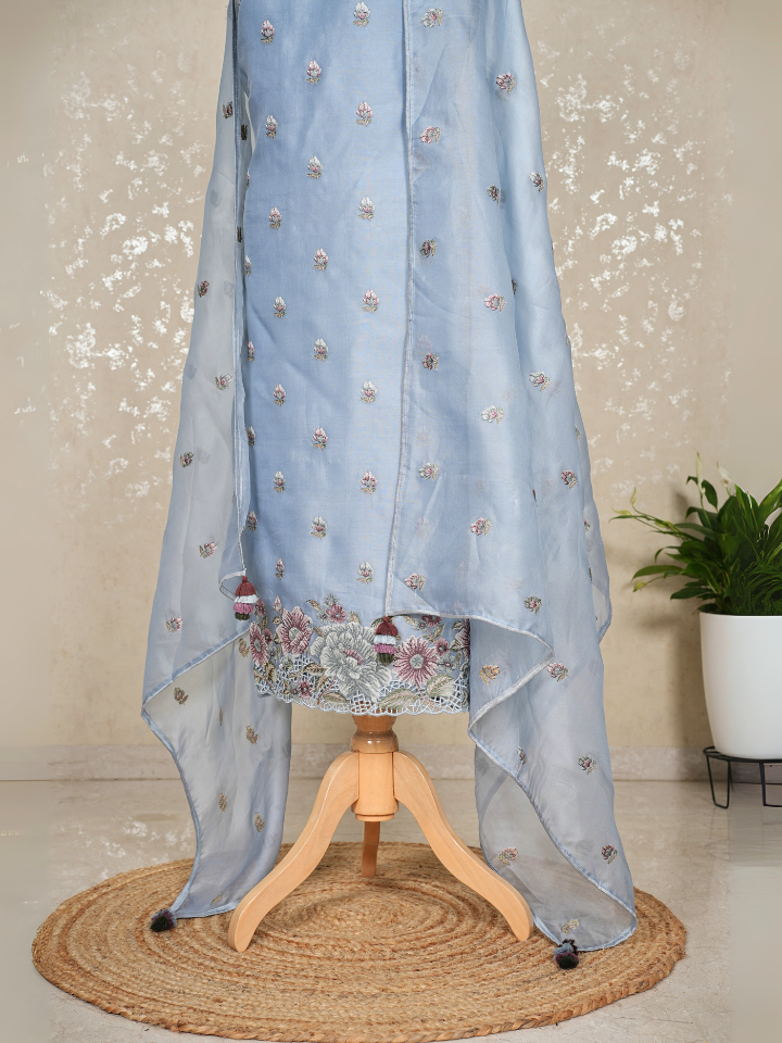 Organza with thread embroidered shirt and dupatta and cutwork on hem