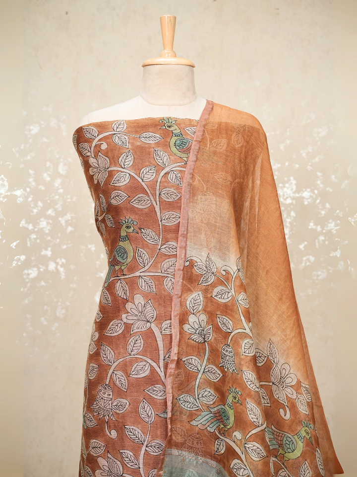 Pure Silk Linen Kalamkari Suit with Crepe Bottom & Sequence Weave – 3 Pc Party Set