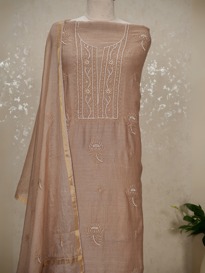 Chikankari Mul Chanderi Suit with Pearl & Sequin Embroidery