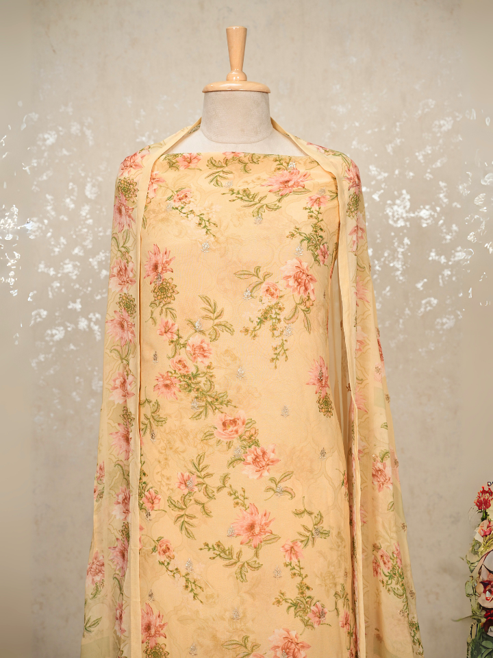 Sequined Pure Georgette Printed Suit with Crepe Bottom