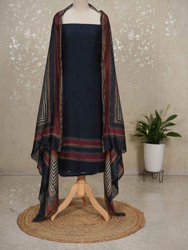 Maheshwari silk suit with stripes designs on shirt and dupatta with contrasting colors