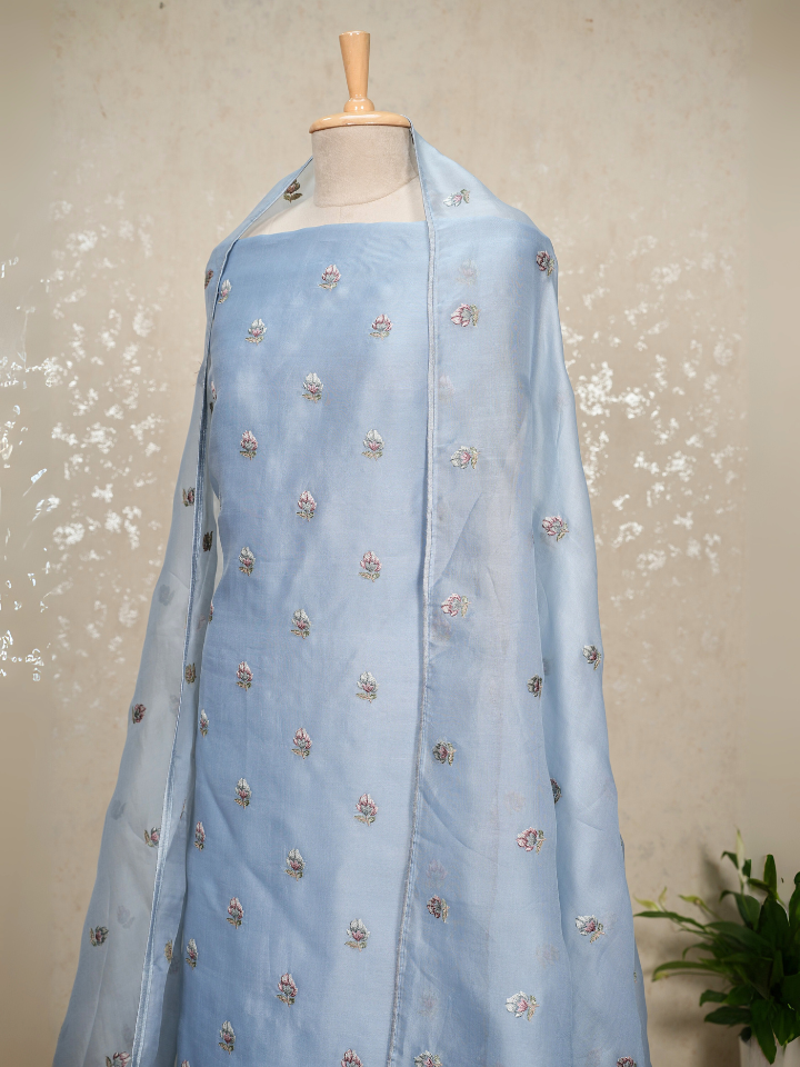 Organza with thread embroidered shirt and dupatta and cutwork on hem
