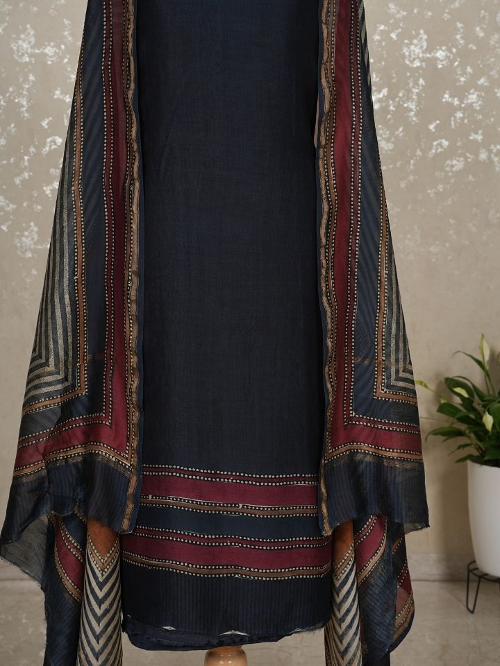 Maheshwari silk suit with stripes designs on shirt and dupatta with contrasting colors
