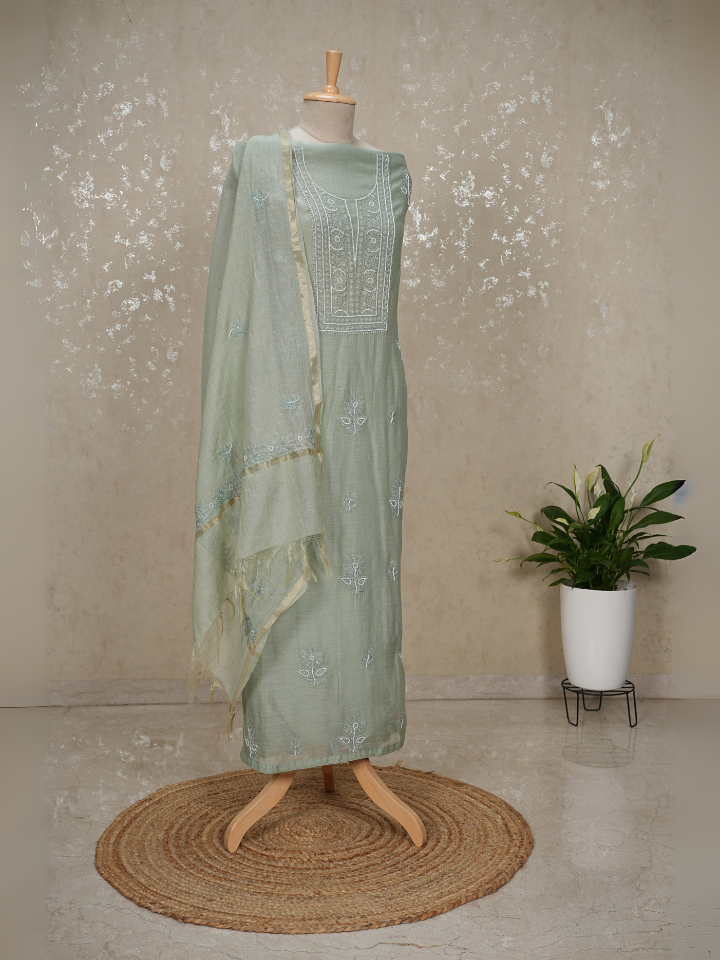 Chikankari Mul Chanderi Suit with Pearl & Sequin Embroidery