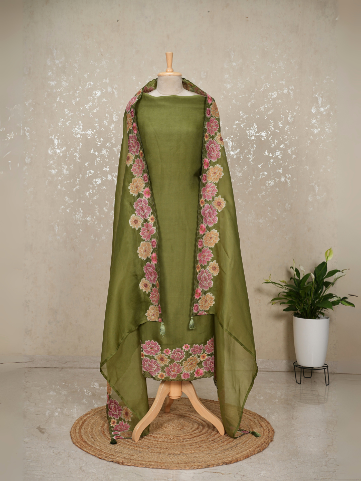 organza silk 3pc set with very fine embroidery on hem and dupatta with pure crepe bottom