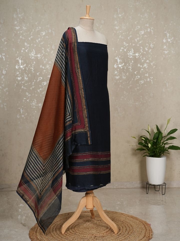 Maheshwari silk suit with stripes designs on shirt and dupatta with contrasting colors