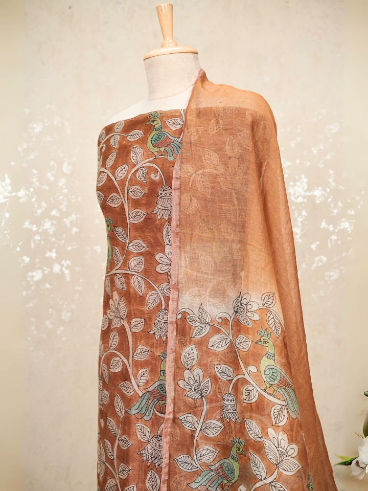 Pure Silk Linen Kalamkari Suit with Crepe Bottom & Sequence Weave – 3 Pc Party Set