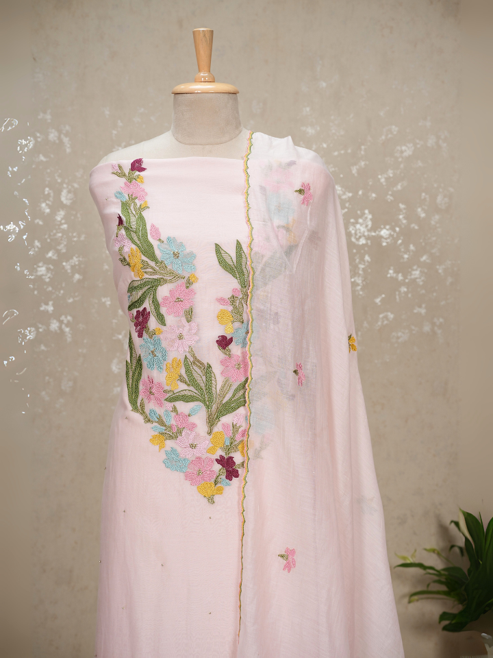 Heavy Neck Embroidered Pure Mul Chanderi Suit Set with Beads & Tassel Dupatta – 3 Pc