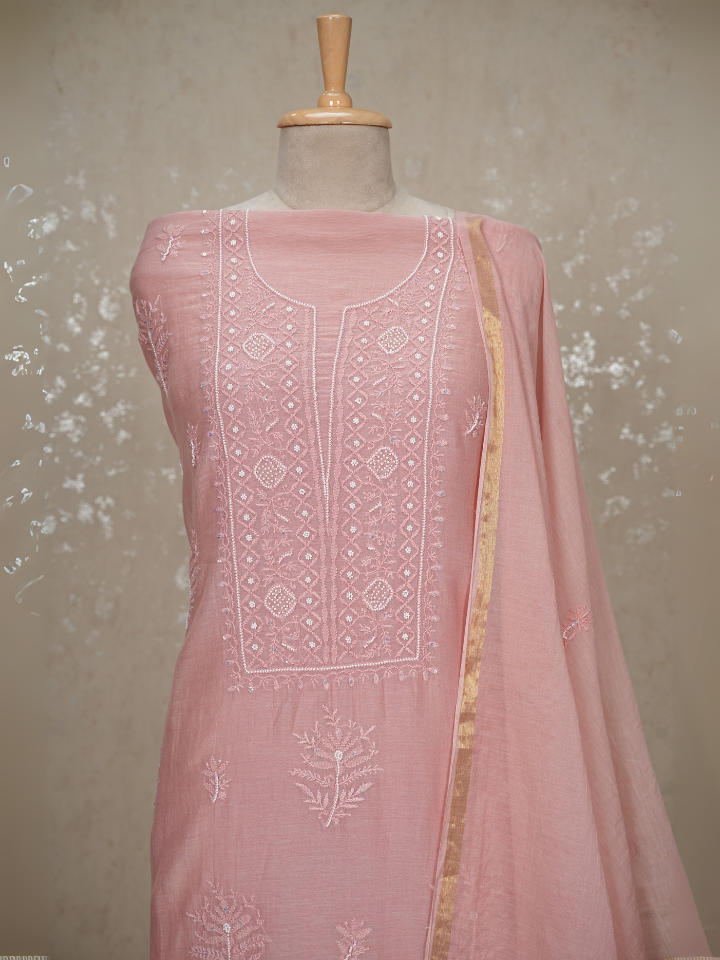 Chikankari Mul Chanderi Suit with Pearl & Sequin Embroidery