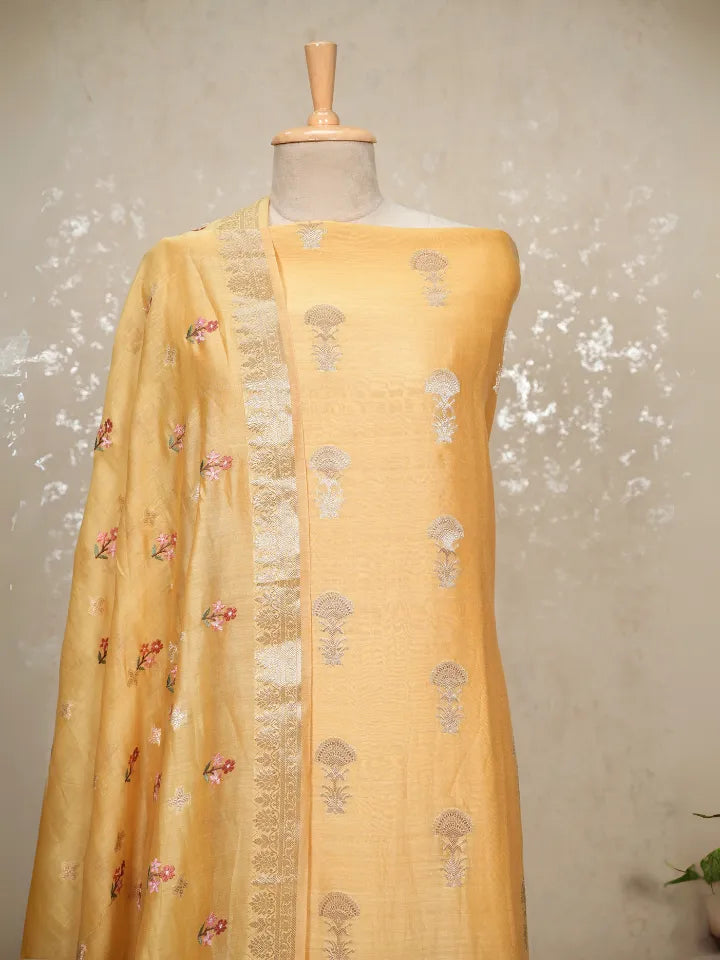 Chanderi Banarasi with zari like embroidery on shirt hem and dupatta with bootas embroidered with imported bottom