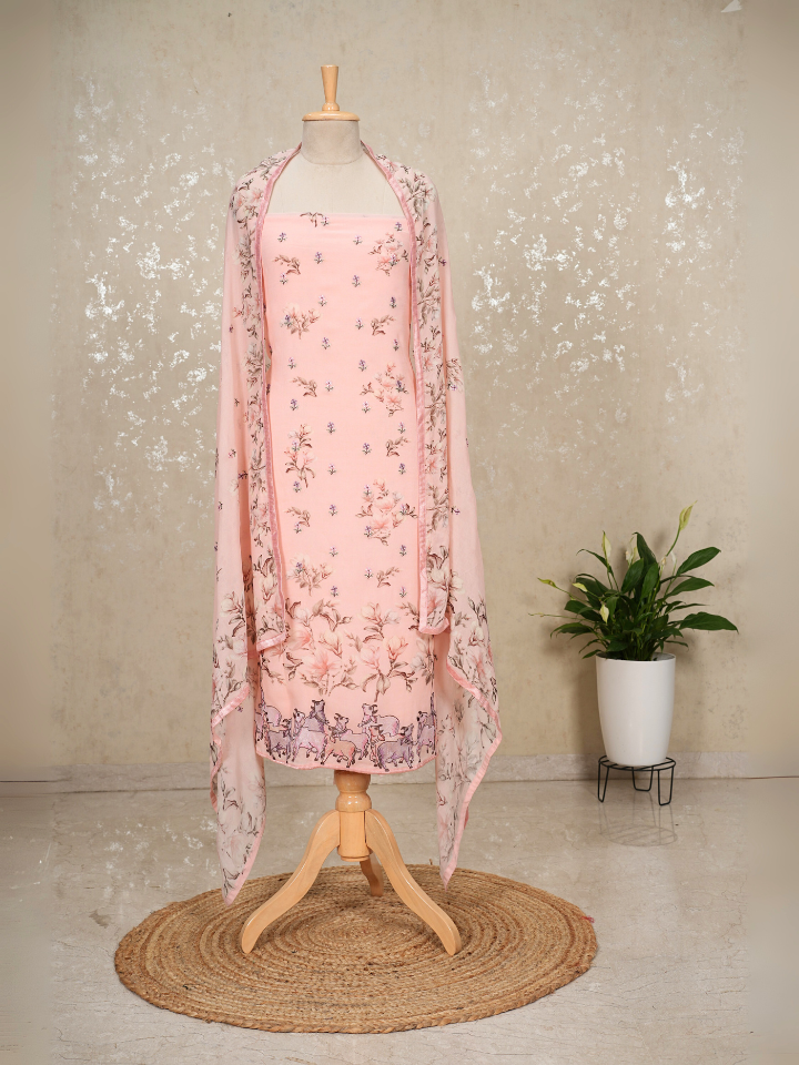 Pichwai Embroidered Pure Georgette Printed Suit Set with pure crepe bottom