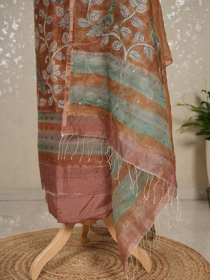 Pure Silk Linen Kalamkari Suit with Crepe Bottom & Sequence Weave – 3 Pc Party Set