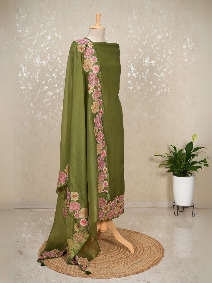 organza silk 3pc set with very fine embroidery on hem and dupatta with pure crepe bottom