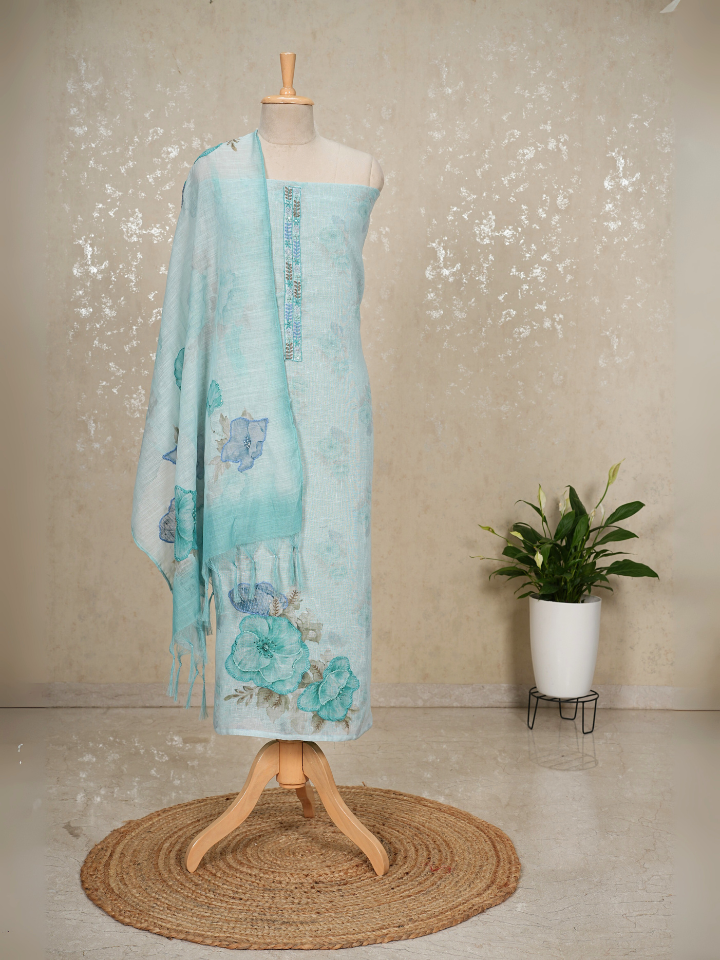 Embroidered Linen 3-Piece Suit with Imported Bottom
