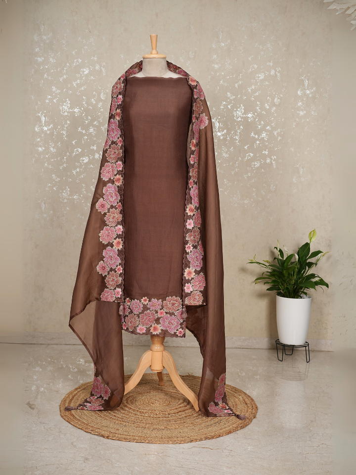 organza silk 3pc set with very fine embroidery on hem and dupatta with pure crepe bottom