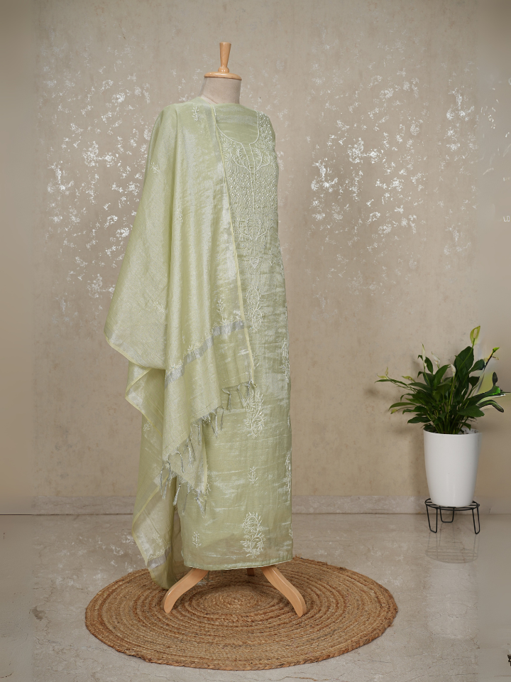 Tissue Mul Chanderi Chikankari 3-Piece Suit with Pearls & Sequins