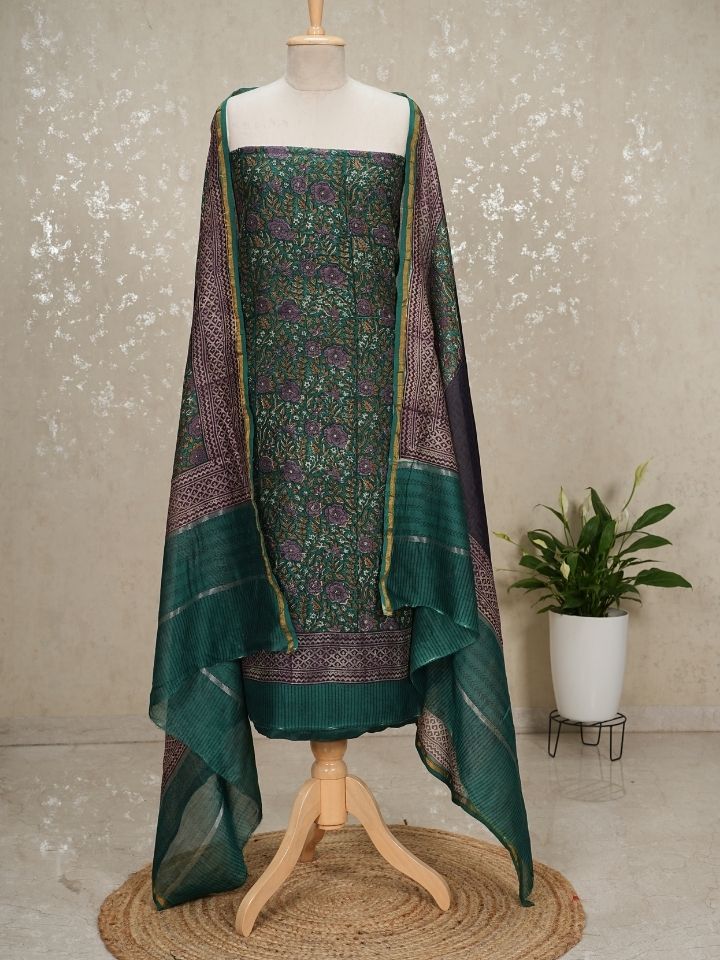 Pure Silk Maheshwari 3-Piece Suit with Printed Top & Imported Bottom