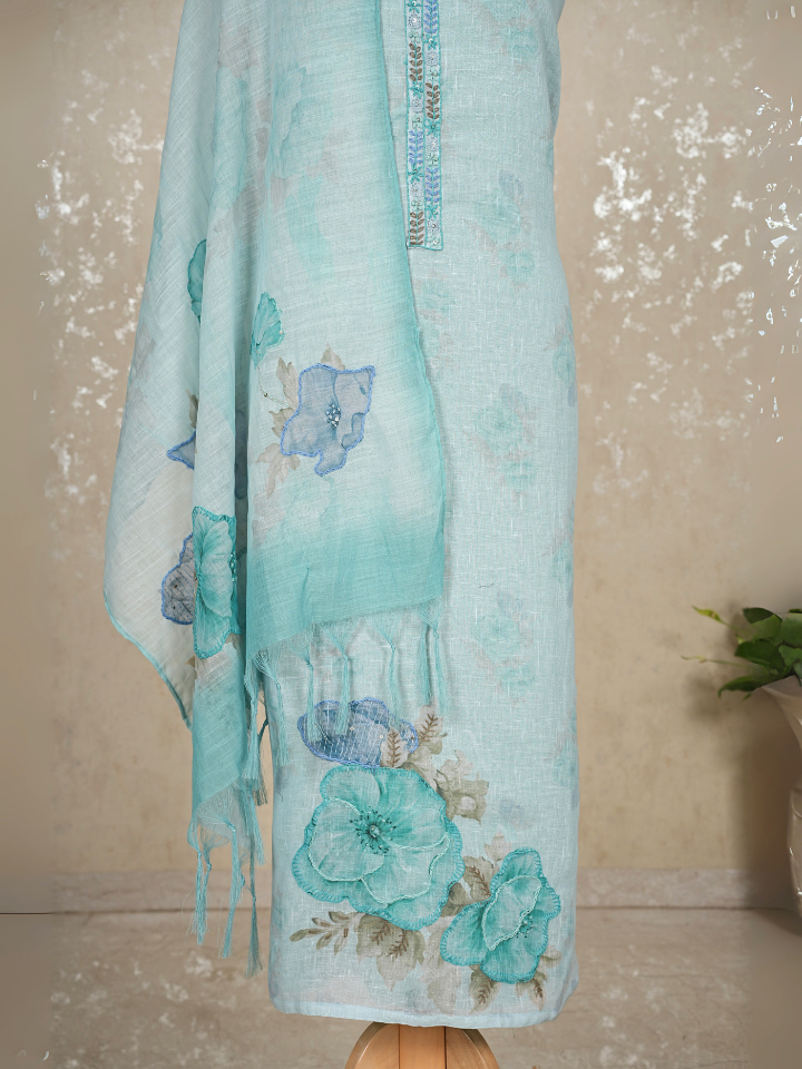 Embroidered Linen 3-Piece Suit with Imported Bottom