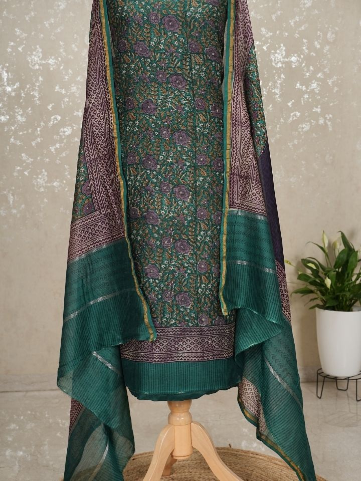 Pure Silk Maheshwari 3-Piece Suit with Printed Top & Imported Bottom
