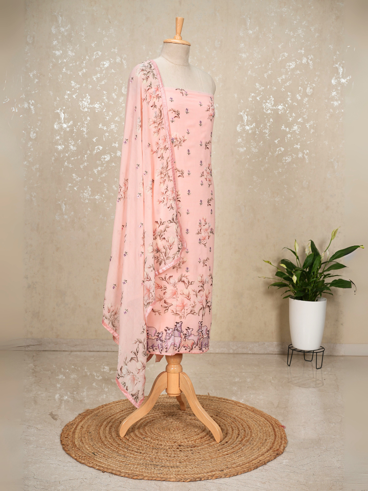 Pichwai Embroidered Pure Georgette Printed Suit Set with pure crepe bottom