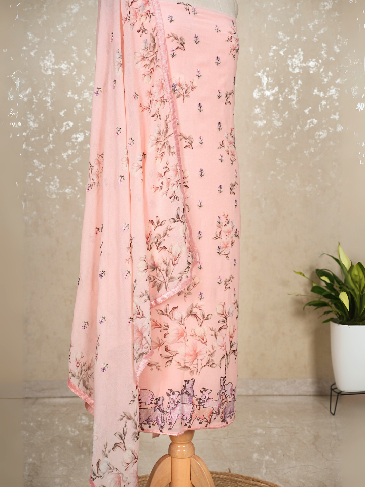 Pichwai Embroidered Pure Georgette Printed Suit Set with pure crepe bottom