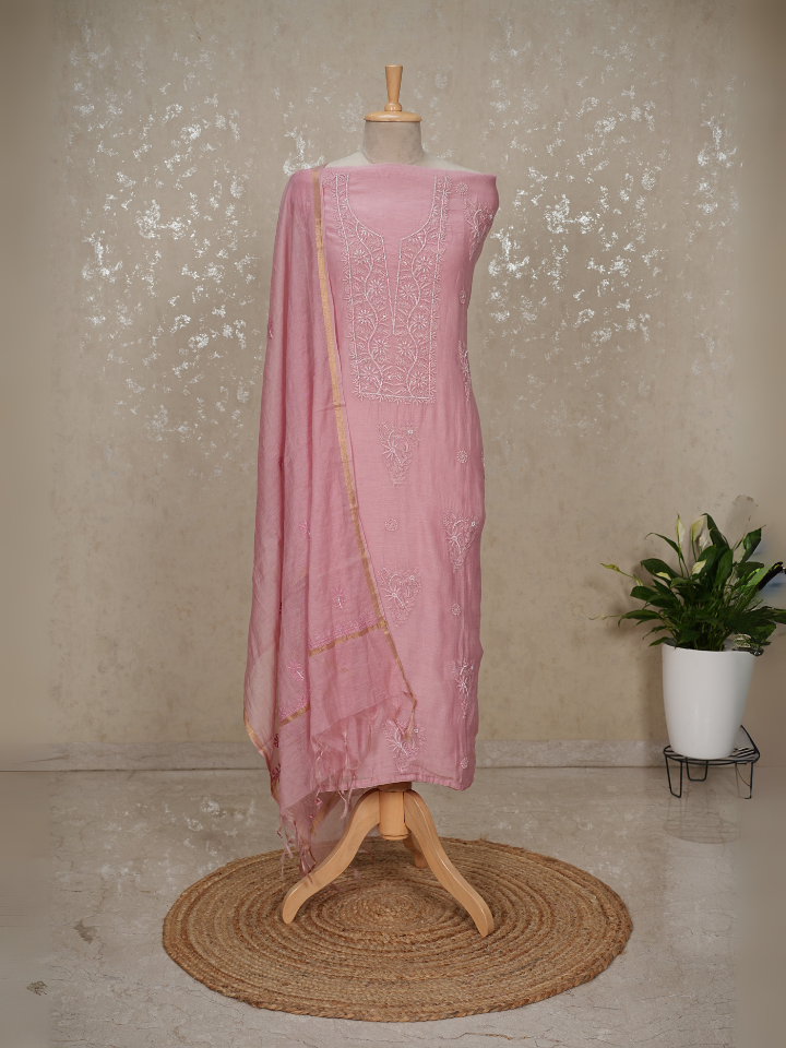 Chikankari Mul Chanderi Suit with Pearl & Sequin Embroidery