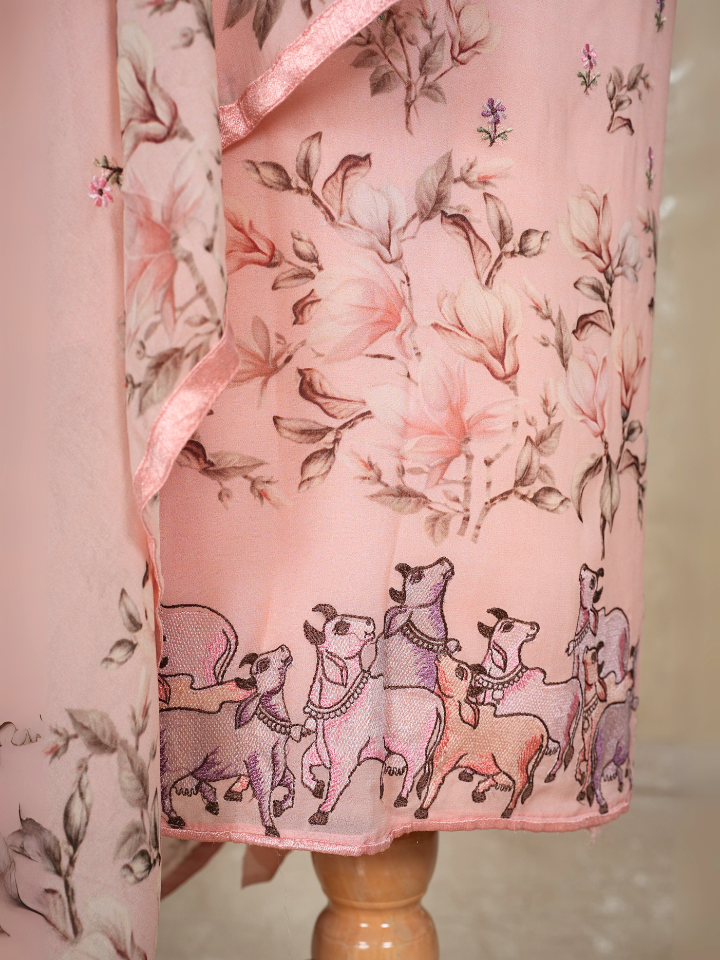 Pichwai Embroidered Pure Georgette Printed Suit Set with pure crepe bottom