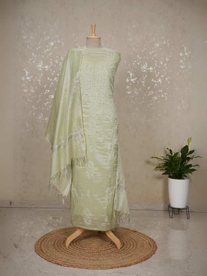 Tissue Mul Chanderi Chikankari 3-Piece Suit with Pearls & Sequins