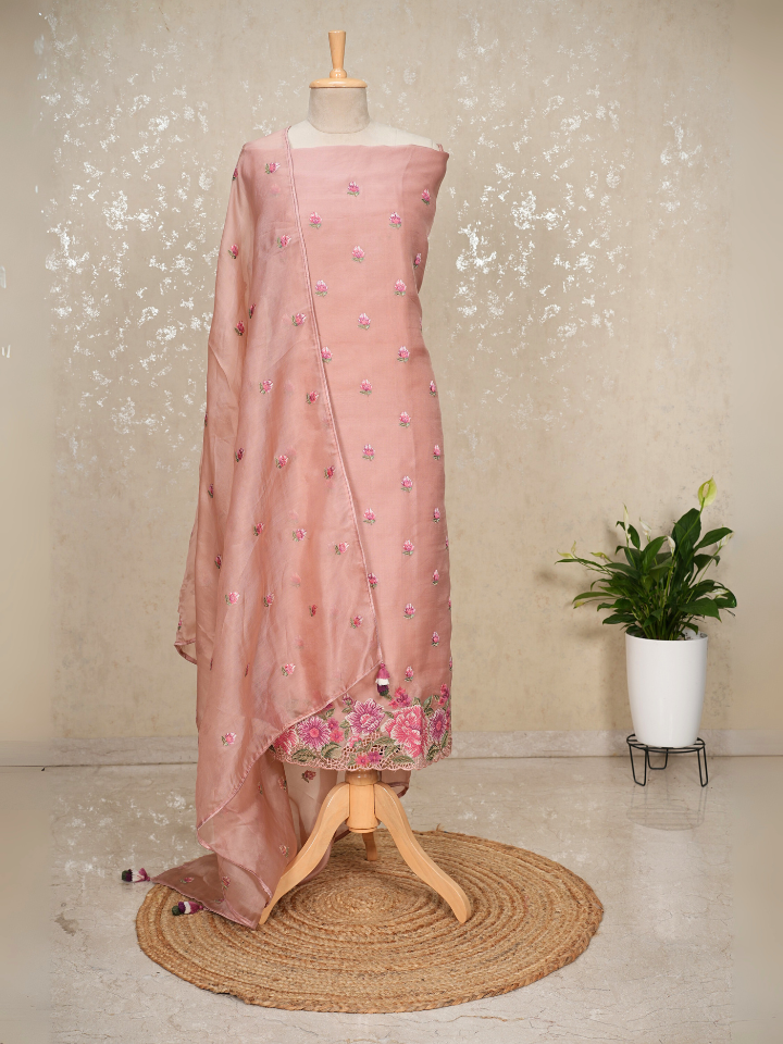 Organza with thread embroidered shirt and dupatta and cutwork on hem