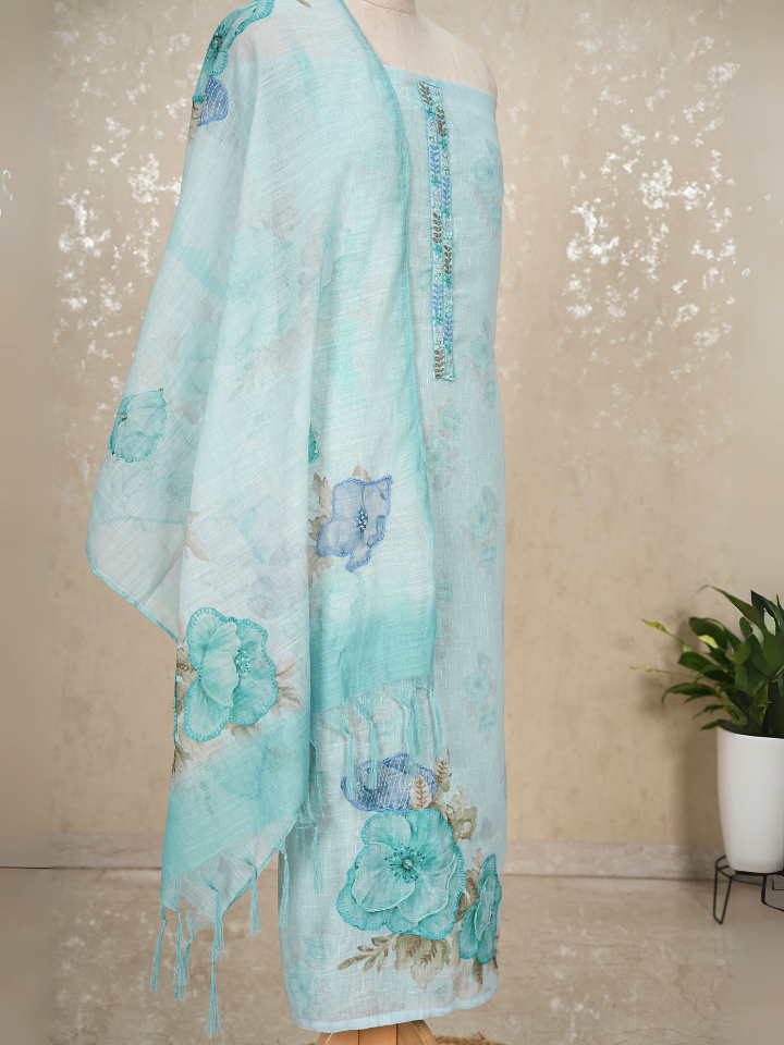 Embroidered Linen 3-Piece Suit with Imported Bottom