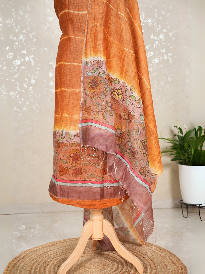 Pure Silk Linen Kalamkari Suit with Crepe Bottom & Sequence Weave – 3 Pc Party Set