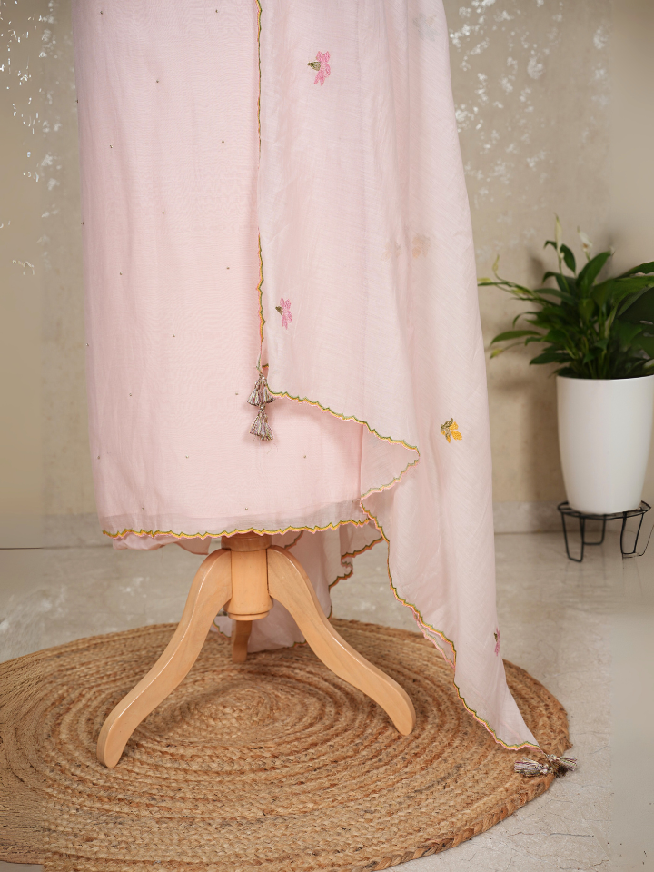 Heavy Neck Embroidered Pure Mul Chanderi Suit Set with Beads & Tassel Dupatta – 3 Pc