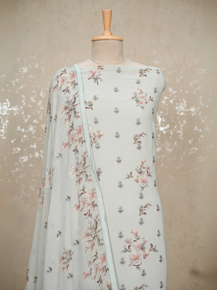 Pichwai Embroidered Pure Georgette Printed Suit Set with pure crepe bottom