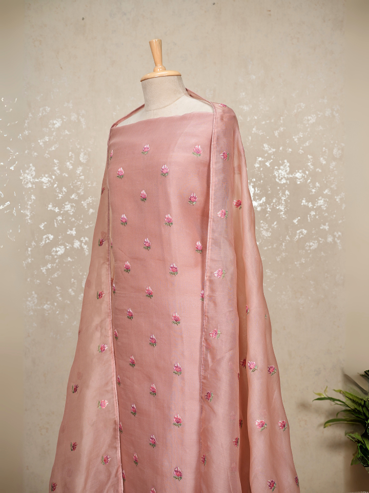 Organza with thread embroidered shirt and dupatta and cutwork on hem