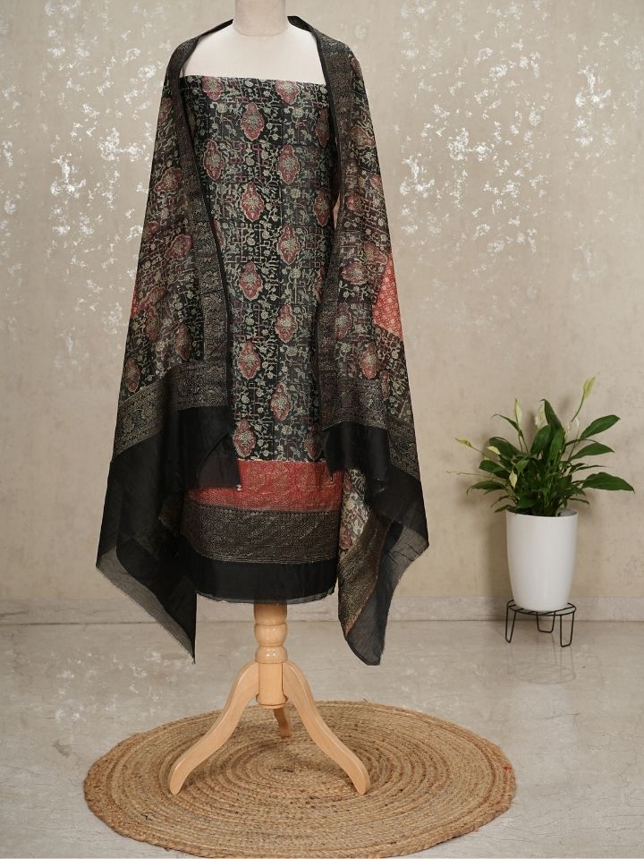 Maheshwari silk suit 3 pc set with banarasi border on shirt and dupatta with imported bottom , extra border for sleeves