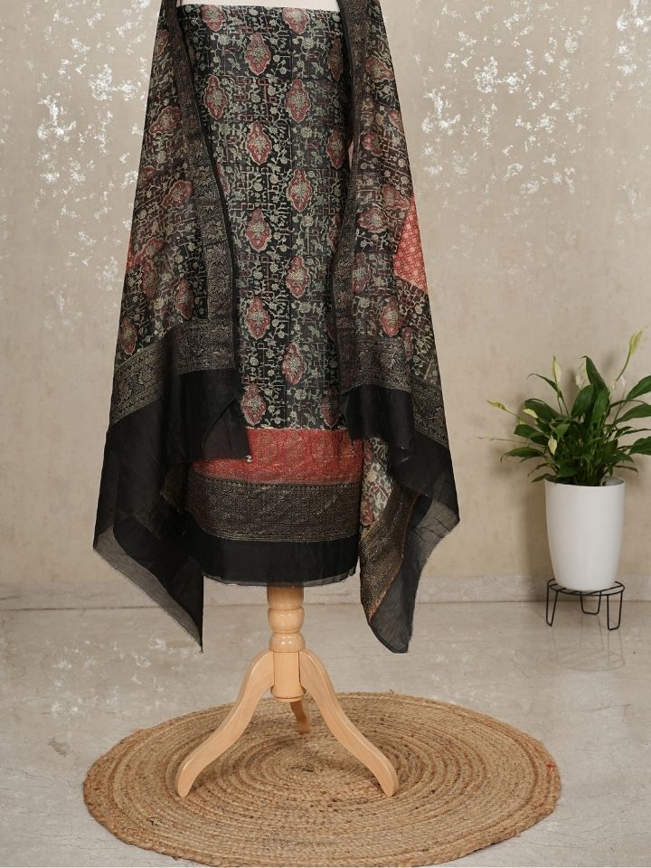 Maheshwari silk suit 3 pc set with banarasi border on shirt and dupatta with imported bottom , extra border for sleeves