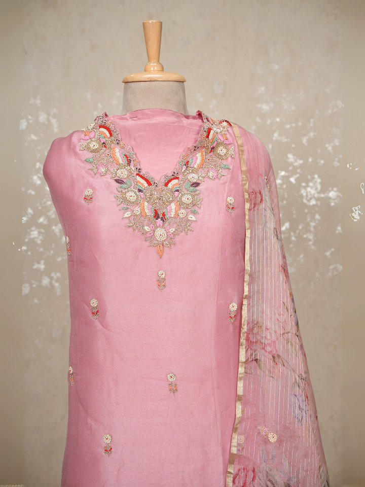 Organza silk 3pc suit set with hand embroidery on neck and shirt and dupatta ,with pure crepe bottoms , extra embroidery for sleeves included