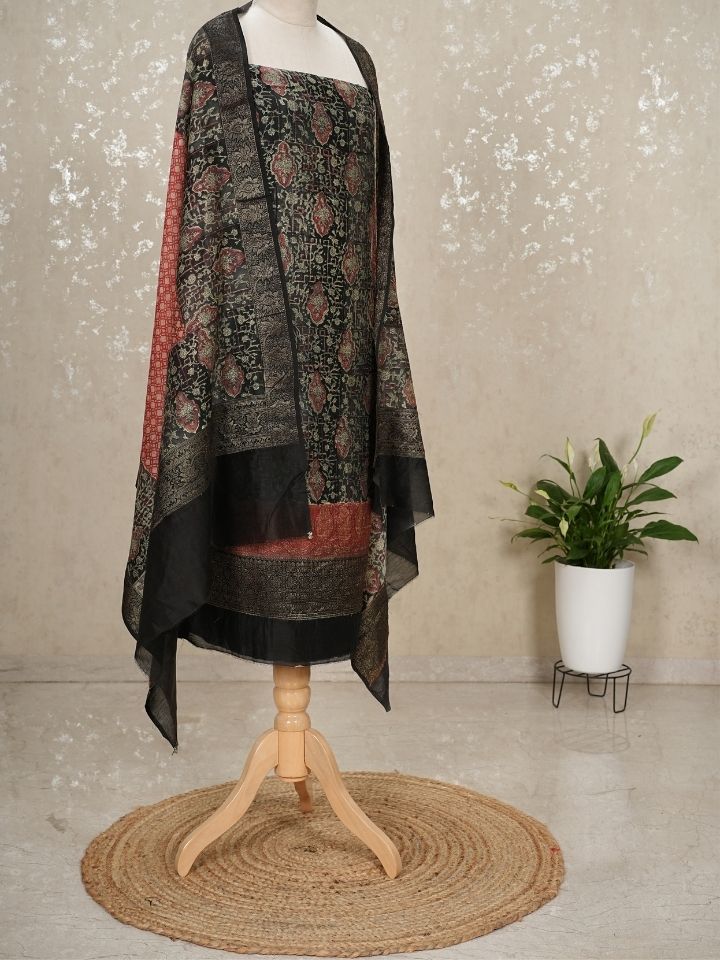 Maheshwari silk suit 3 pc set with banarasi border on shirt and dupatta with imported bottom , extra border for sleeves