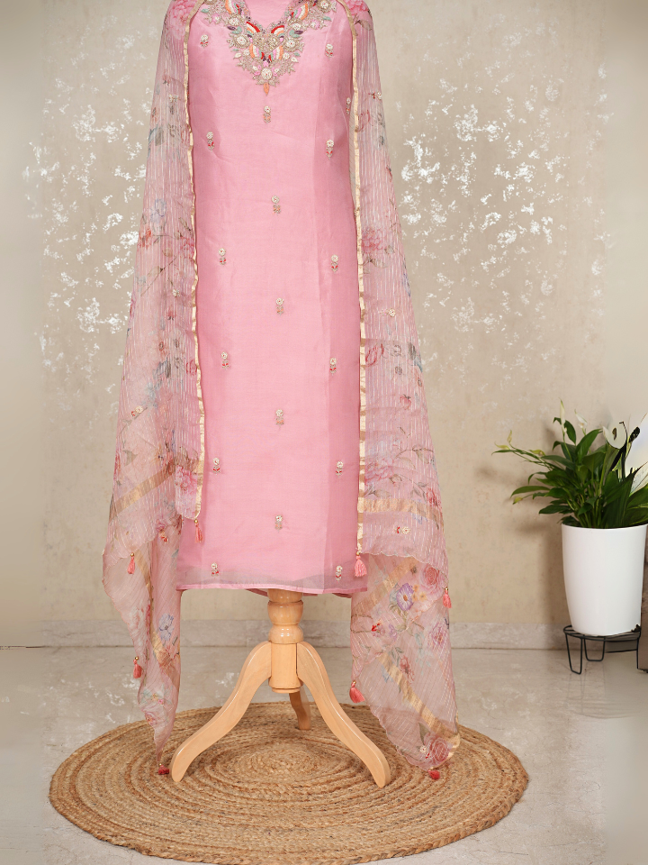 Organza silk 3pc suit set with hand embroidery on neck and shirt and dupatta ,with pure crepe bottoms , extra embroidery for sleeves included