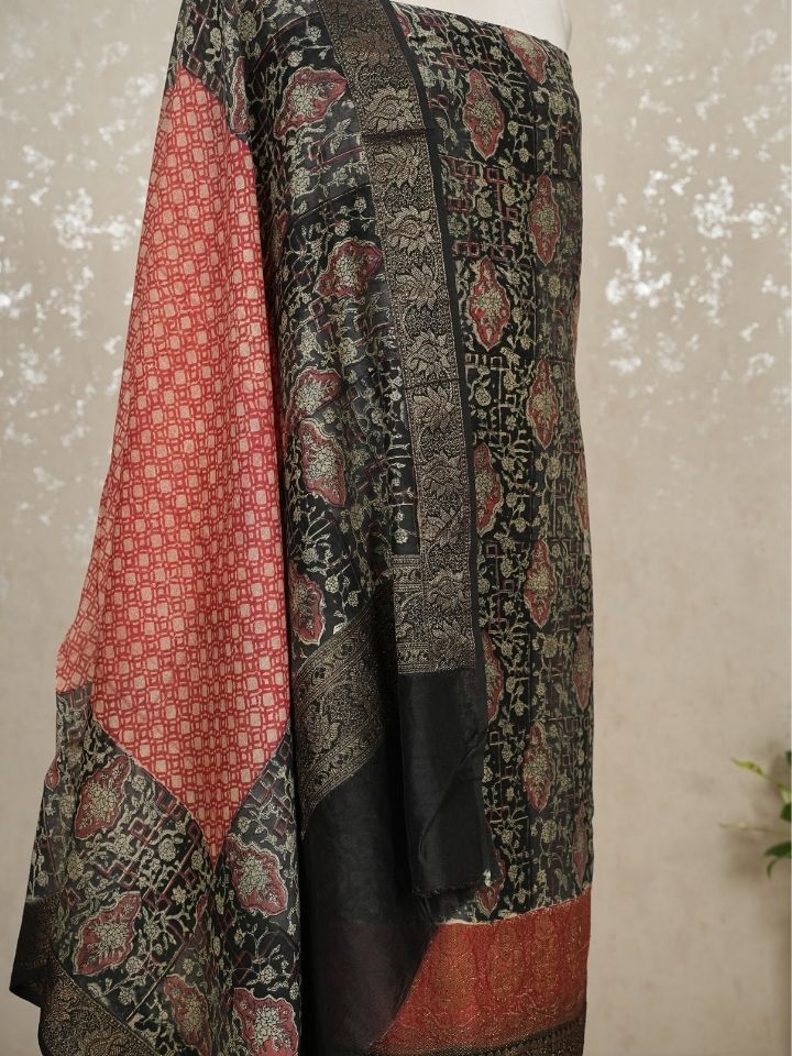 Maheshwari silk suit 3 pc set with banarasi border on shirt and dupatta with imported bottom , extra border for sleeves