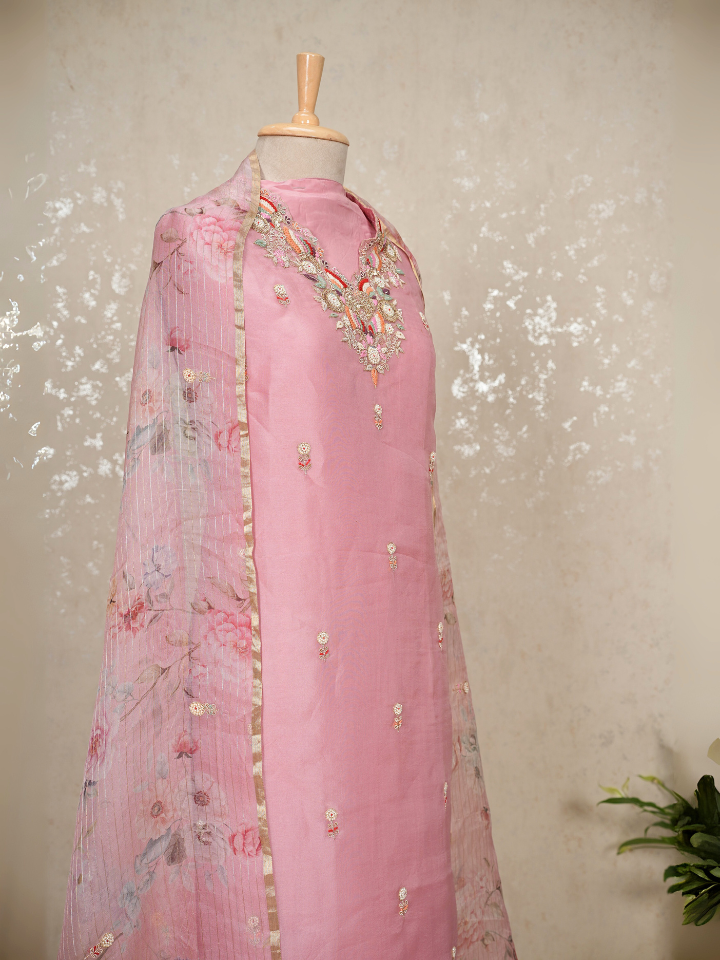 Organza silk 3pc suit set with hand embroidery on neck and shirt and dupatta ,with pure crepe bottoms , extra embroidery for sleeves included