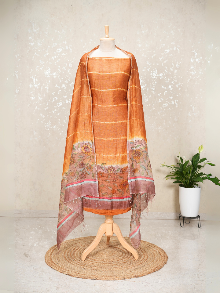 Pure Silk Linen Kalamkari Suit with Crepe Bottom & Sequence Weave – 3 Pc Party Set