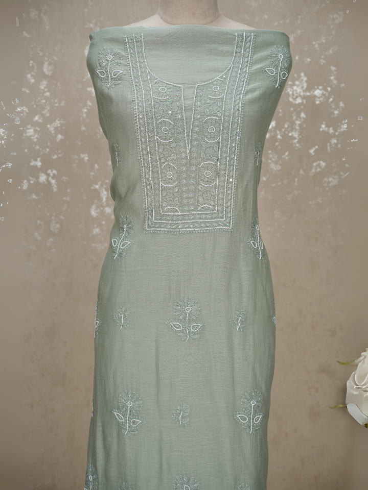 Chikankari Mul Chanderi Suit with Pearl & Sequin Embroidery
