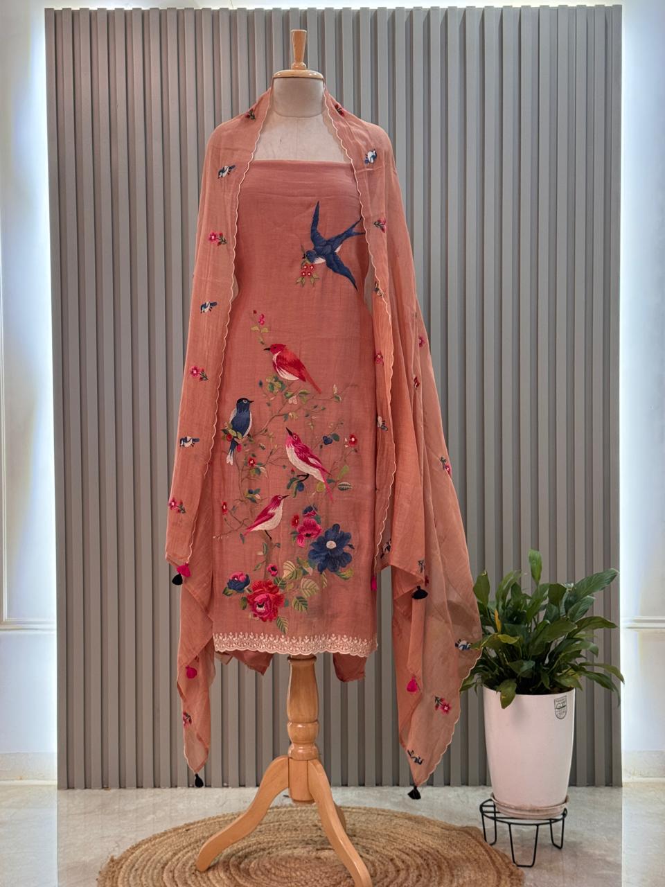 Pure mul chanderi suit with bird resham embroidery
