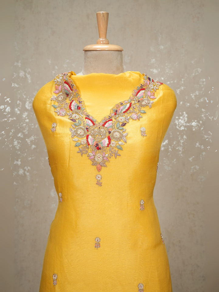 Organza silk 3pc suit set with hand embroidery on neck and shirt and dupatta ,with pure crepe bottoms , extra embroidery for sleeves included