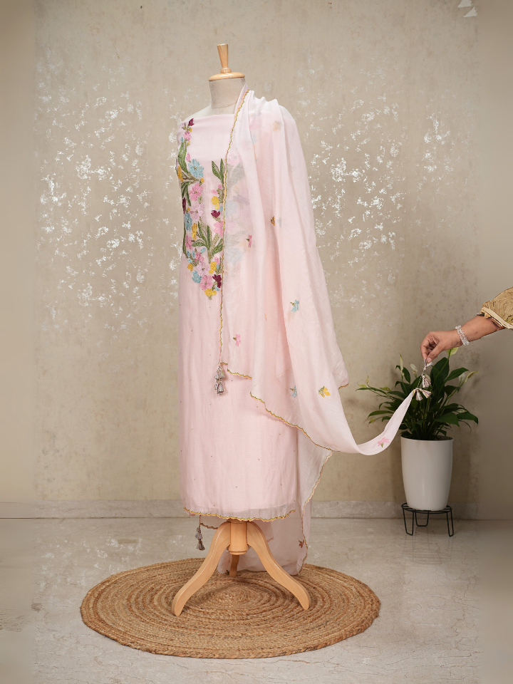 Heavy Neck Embroidered Pure Mul Chanderi Suit Set with Beads & Tassel Dupatta – 3 Pc