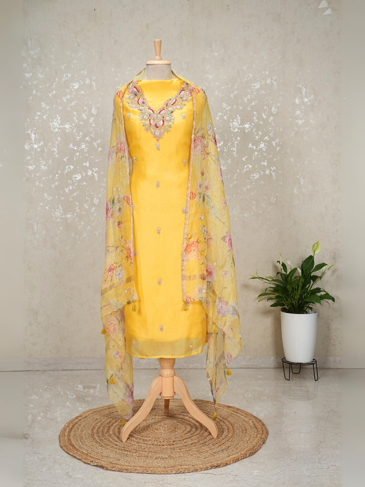 Organza silk 3pc suit set with hand embroidery on neck and shirt and dupatta ,with pure crepe bottoms , extra embroidery for sleeves included