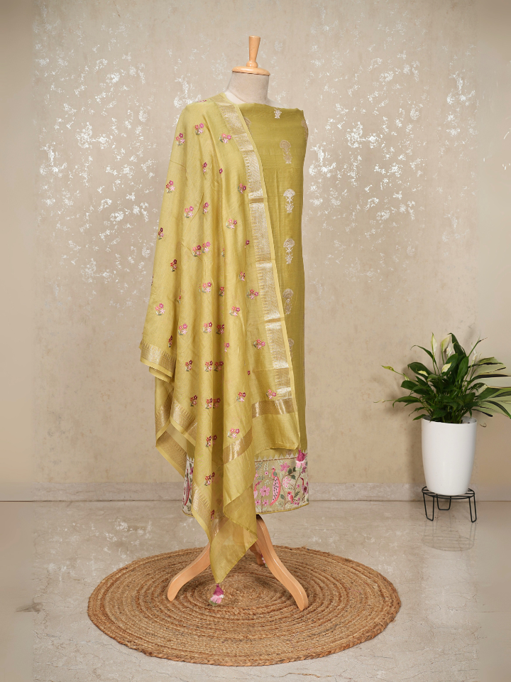 Chanderi Banarasi with zari like embroidery on shirt hem and dupatta with bootas embroidered with imported bottom