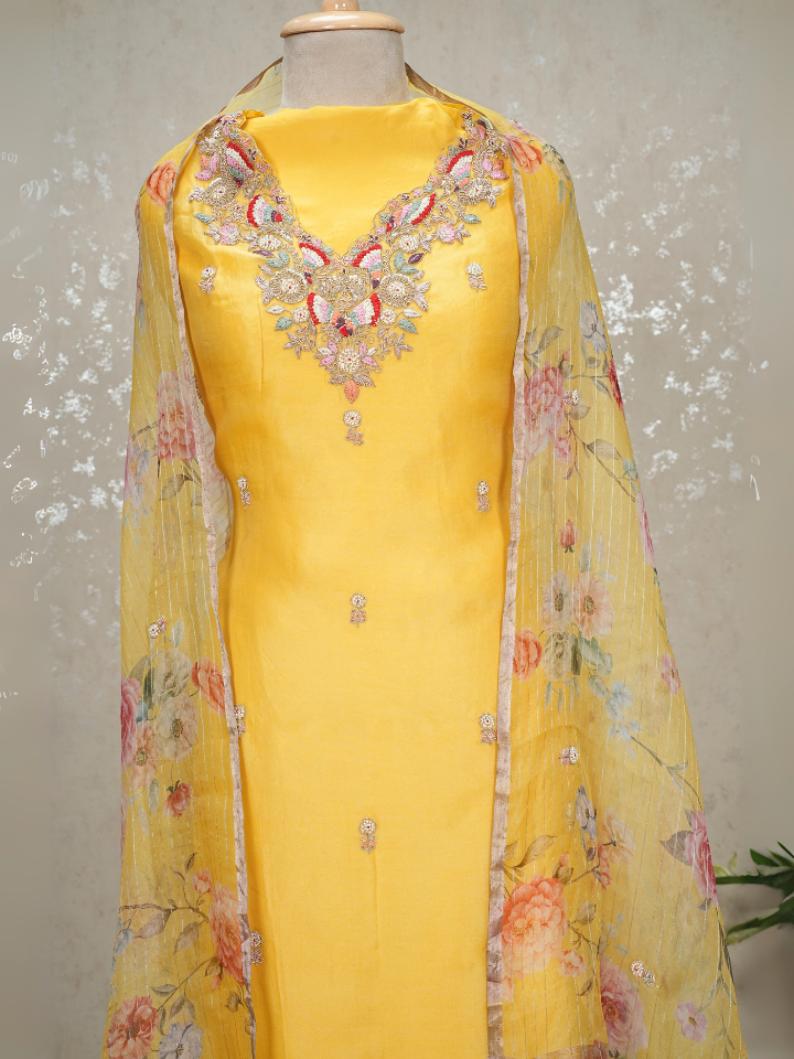 Organza silk 3pc suit set with hand embroidery on neck and shirt and dupatta ,with pure crepe bottoms , extra embroidery for sleeves included