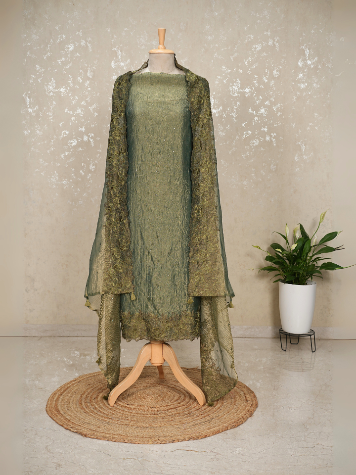 Green Crush tissue suit with crepe bottom mirror work all over the shirt and dupatta